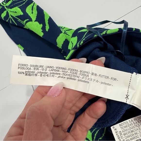 ZARA One Shoulder Crop Top M Green Navy Floral Tropical Knit Stretch NWOT - Picture 7 of 10